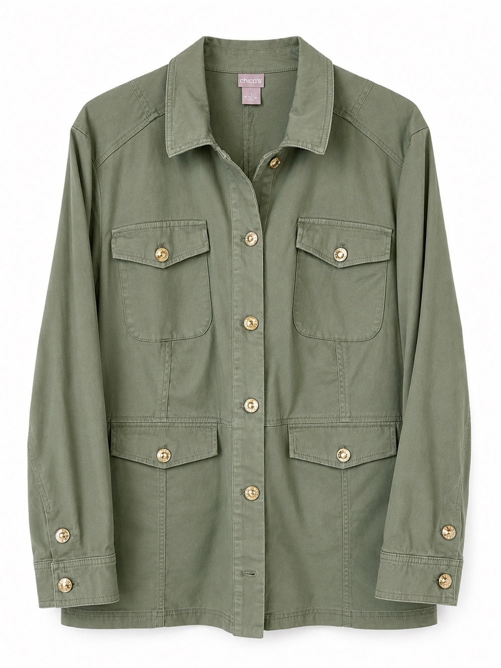 Chico's Green Four-Pocket Utility Jacket with Gold Buttons 3X Safari Military